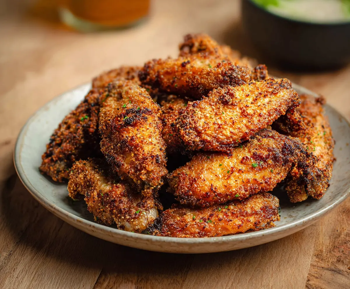 Delicious crispy baked chicken wings served with fresh herbs and dipping sauce.