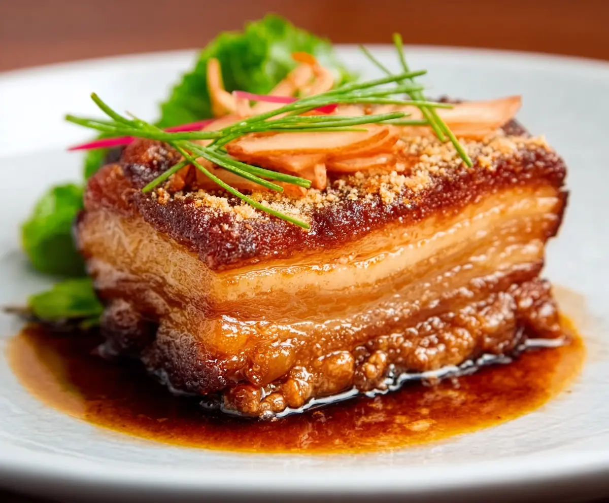 Delicious crispy pork belly served with crispy golden skin and tender meat, perfect for a savory meal.