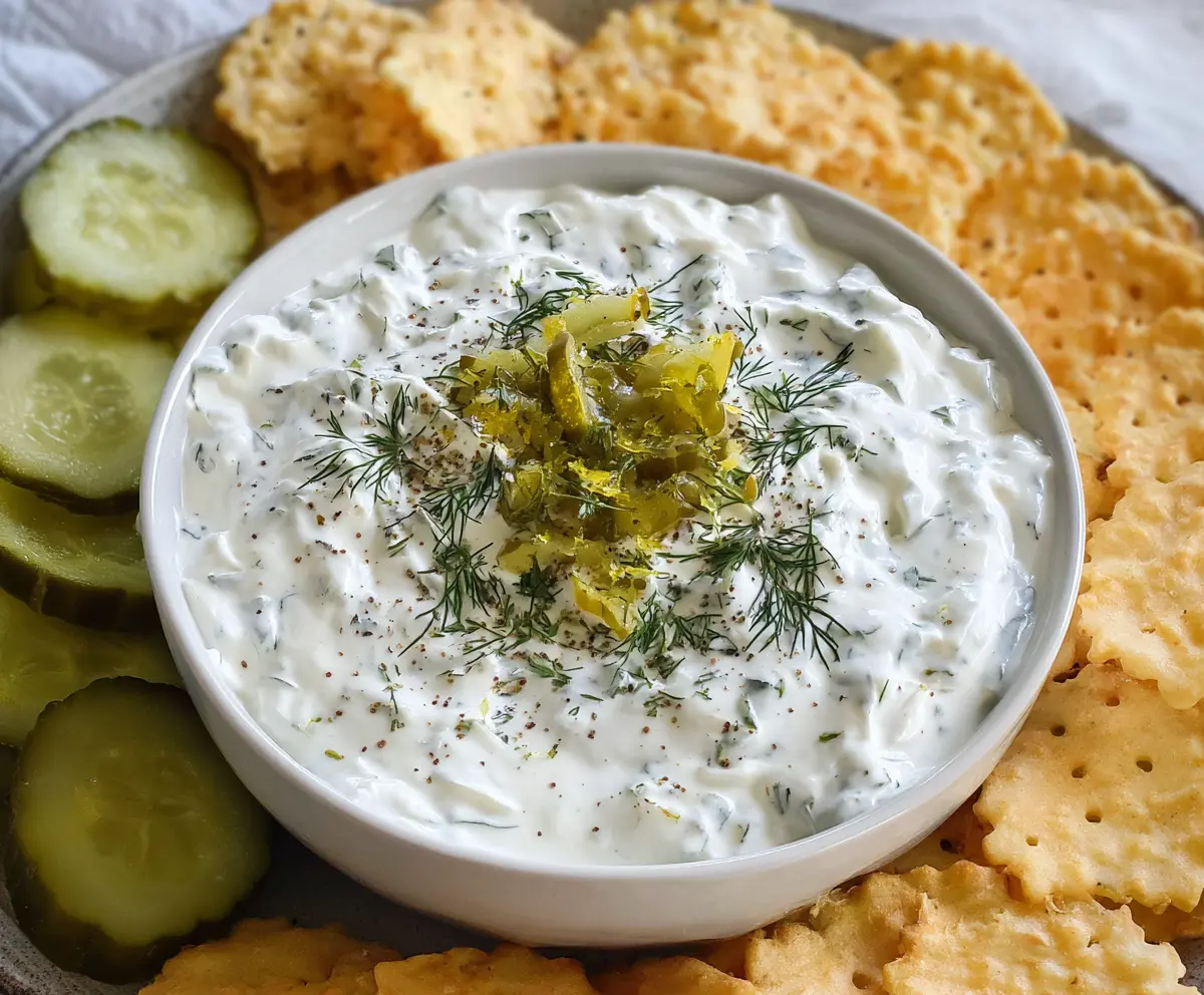 Creamy dill pickle dip served with fresh vegetables, perfect for snacks and parties