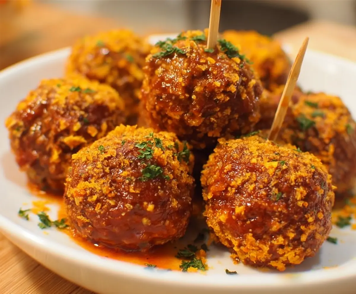 Delicious Dorito meatballs served on a plate with melted cheese and garnished with herbs.