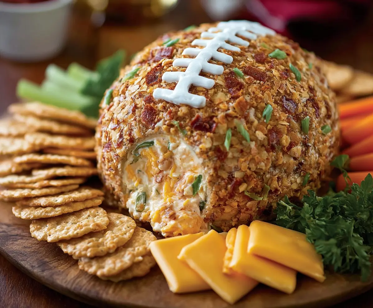 Football-shaped cheese ball appetizer perfect for game day parties.
