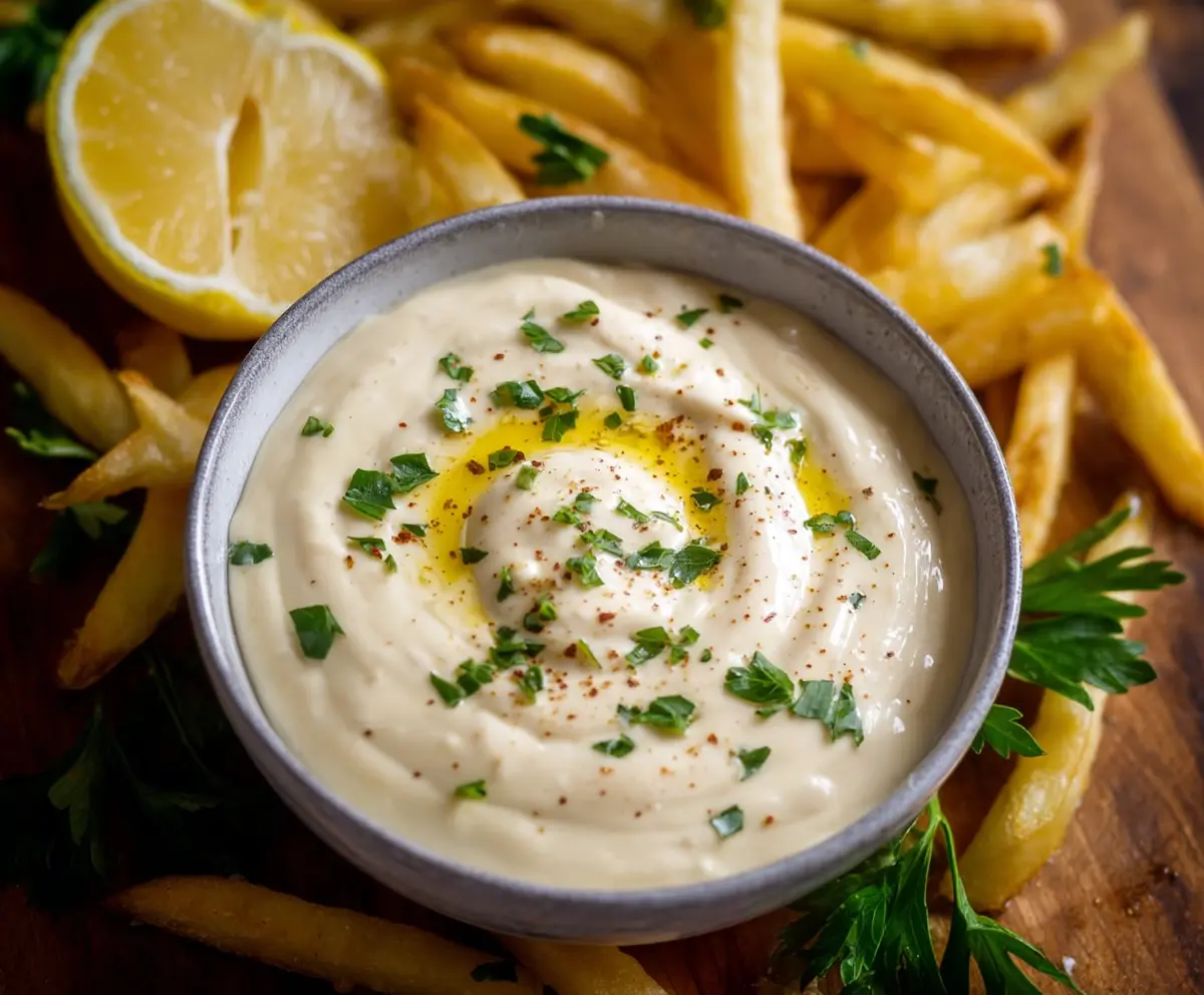 Creamy garlic aioli sauce in a small bowl, perfect for dips and spreads.