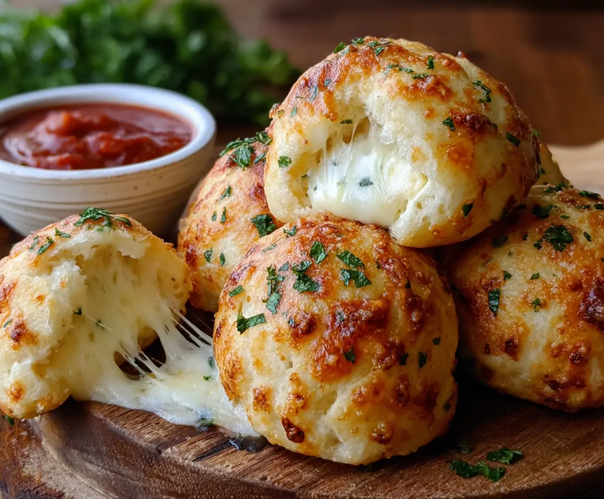 Delicious Gooey Mozzarella Biscuit Bombs with melted cheese and golden crust.