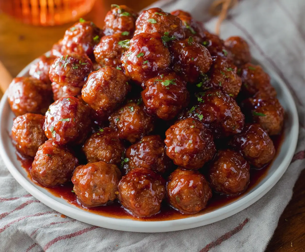 Delicious grape jelly meatballs served on a white plate with fresh herbs for a flavorful appetizer.