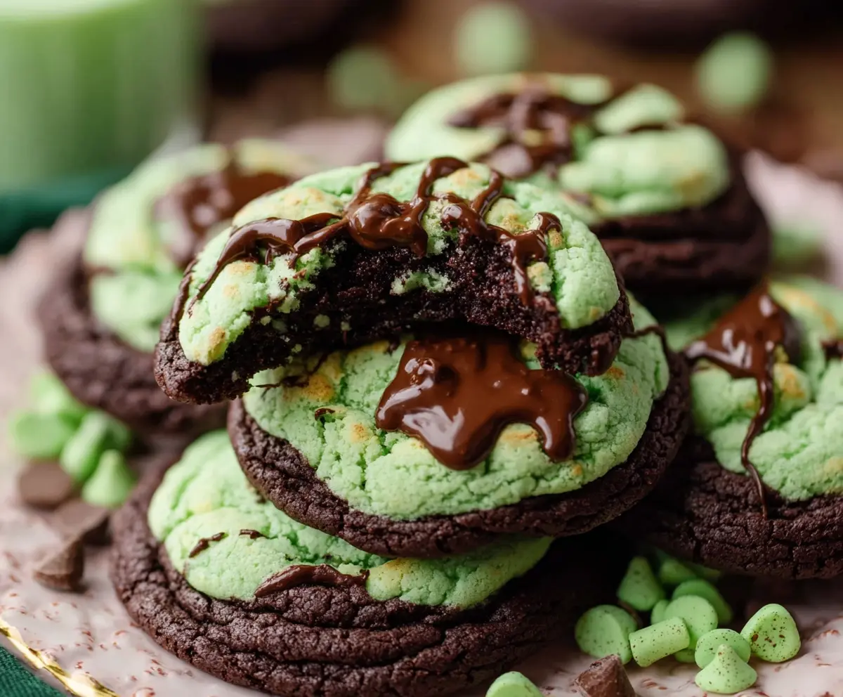 Delicious Grasshopper Cake Mix Cookies with a minty green appearance and chocolate chips.