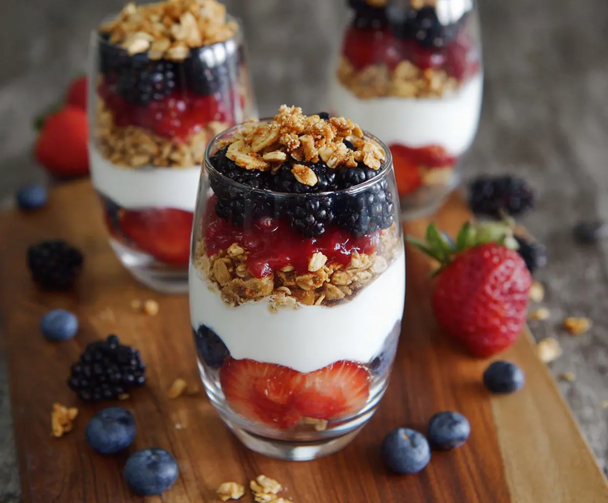 Healthy Greek Yogurt Berry Parfaits in a glass with fresh strawberries and blueberries.