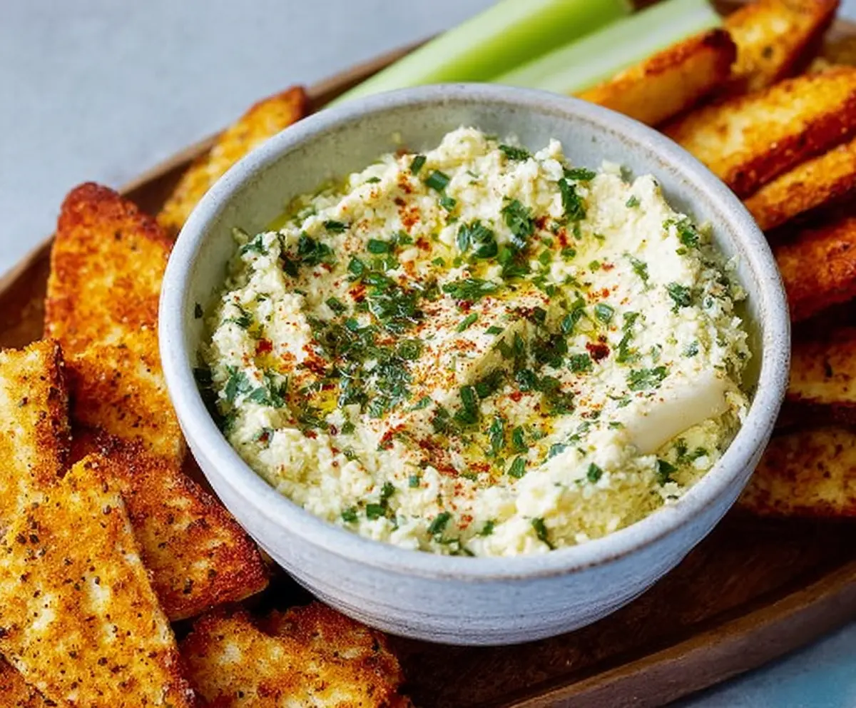 Creamy hearts of palm dip served with fresh vegetables and chips