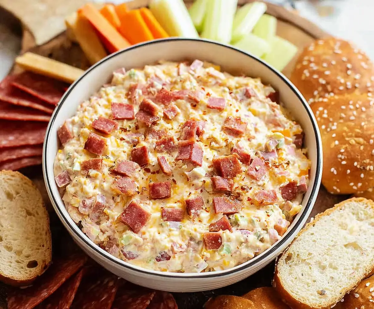 Delicious hoagie dip with layers of cheese, meats, and vegetables in a bowl for party snacks.
