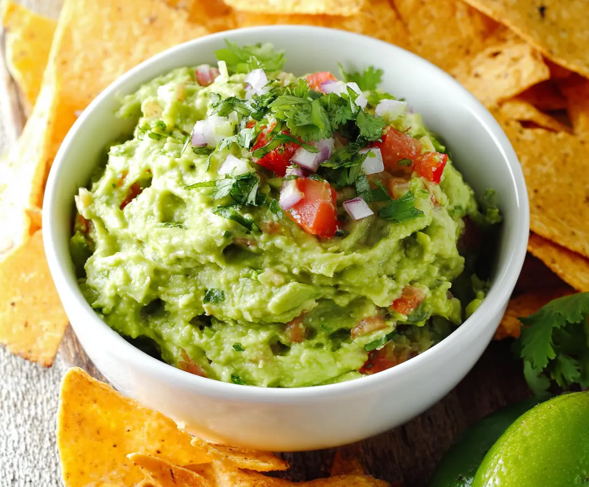 Delicious homemade guacamole with ripe avocados, lime, and fresh cilantro in a bowl.