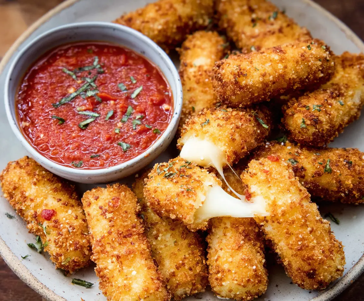 Golden crispy homemade mozzarella sticks served with marinara sauce on a rustic plate.