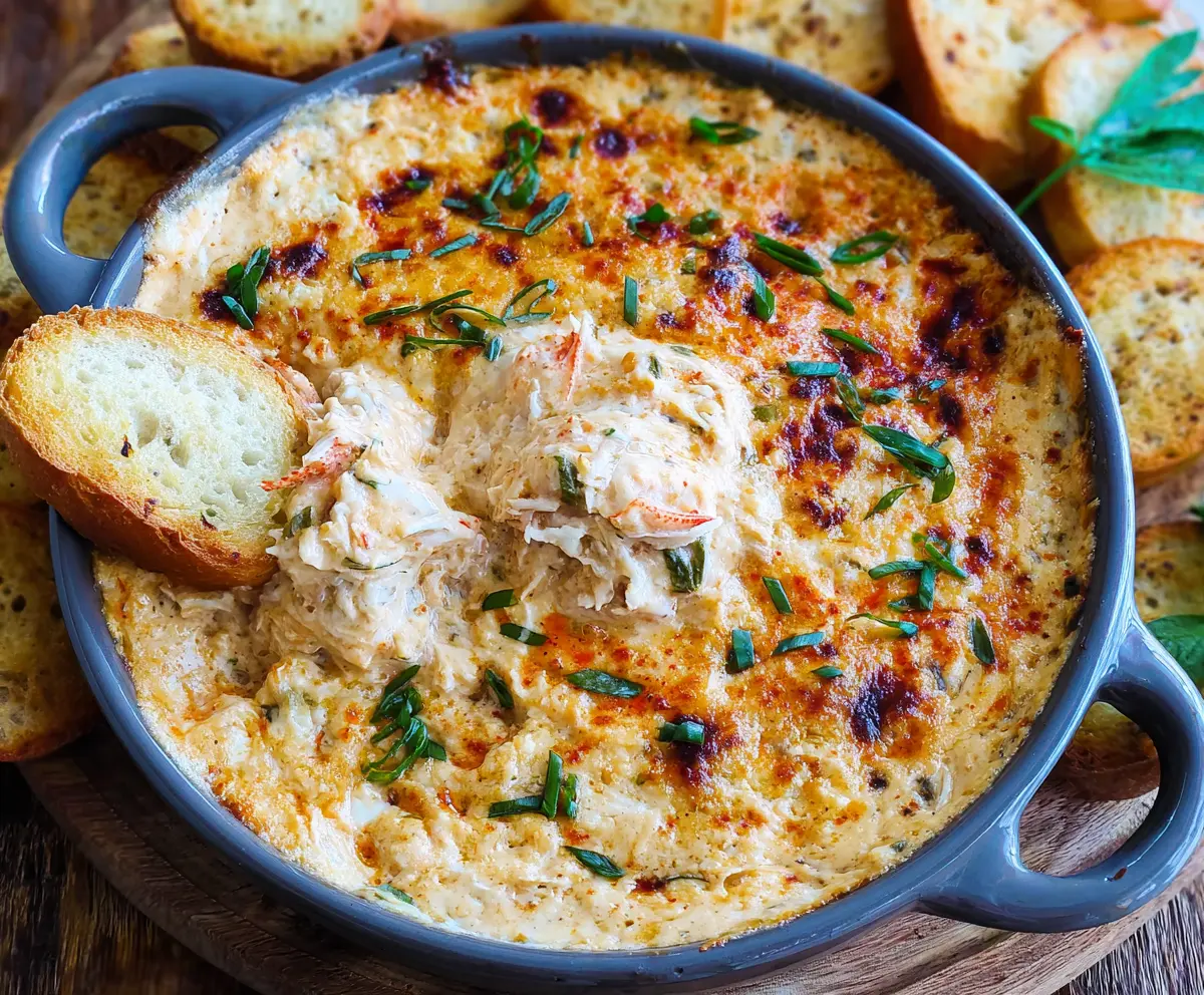 Delicious hot crab dip served in a bowl with crispy bread slices on the side