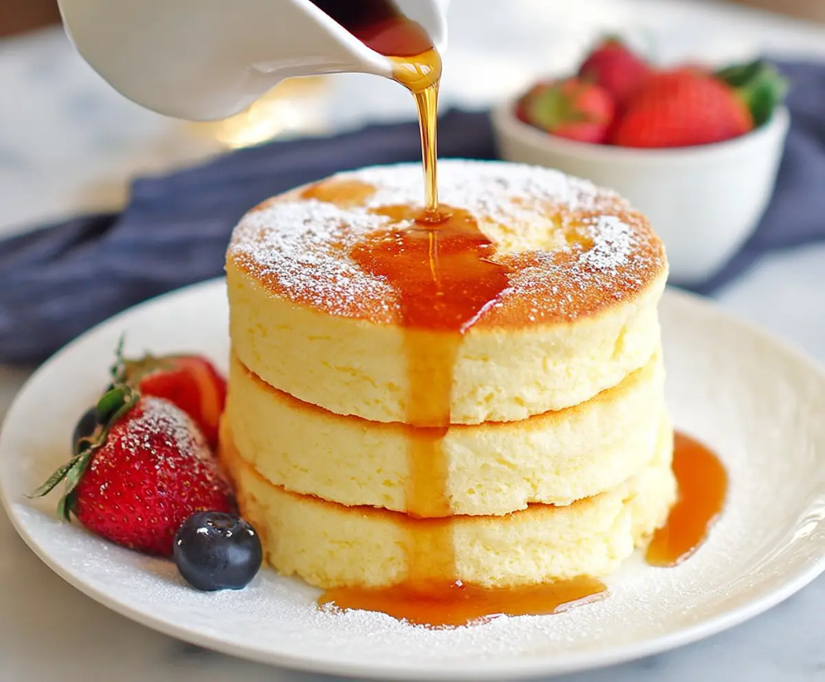 Delicious Japanese soufflé pancakes topped with fresh berries and maple syrup.