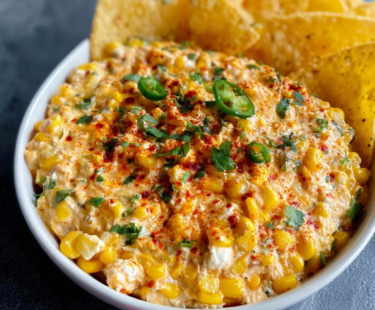 Creamy Mexican Street Corn Dip with crispy cheese and fresh cilantro served in a bowl.