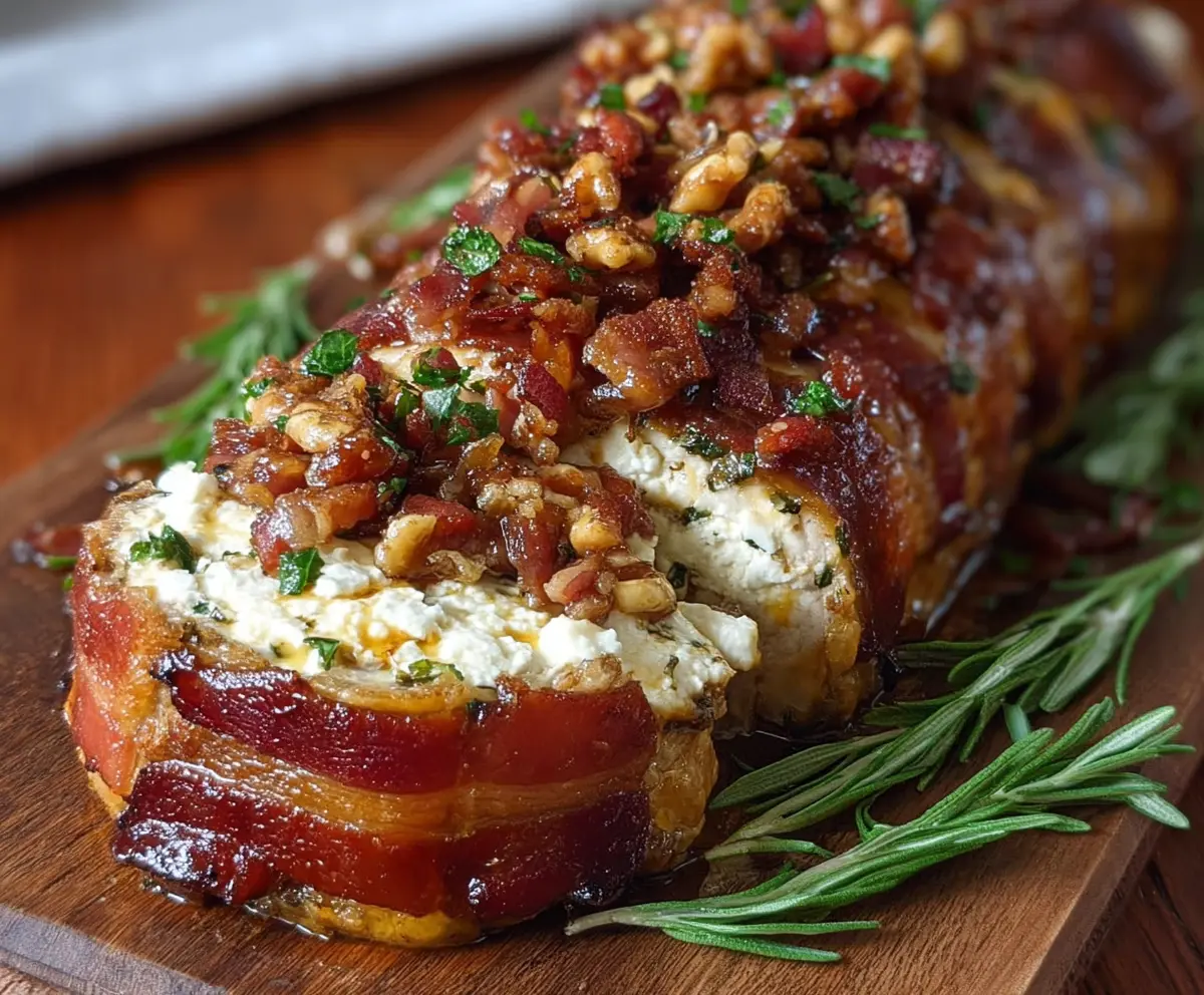 Delicious Million Dollar Bacon Goat Cheese Appetizer Log on a serving plate