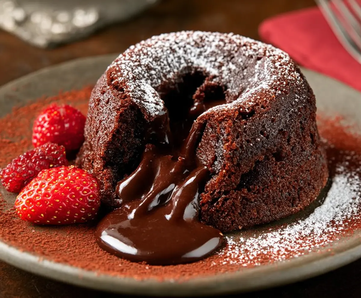 Delicious molten chocolate lava cake with a gooey, melted center, perfect for dessert lovers.