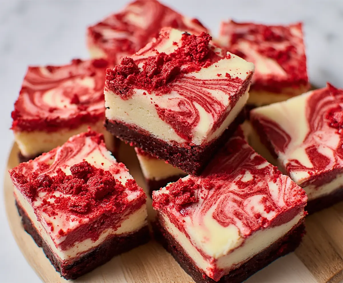 Delicious Red Velvet Cheesecake Bars with creamy frosting and vibrant red color.