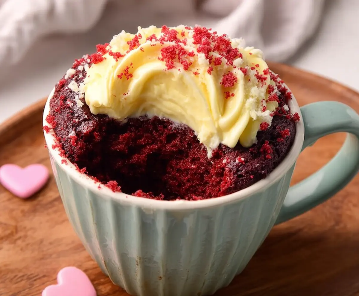 Delicious Red Velvet Mug Cake topped with cream cheese frosting served in a white mug.