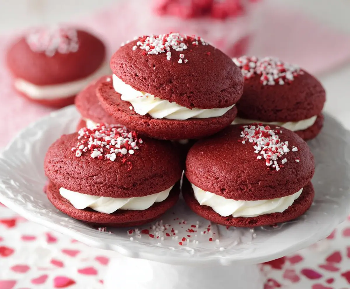 Delicious Red Velvet Whoopie Pies with creamy filling on a rustic wooden table