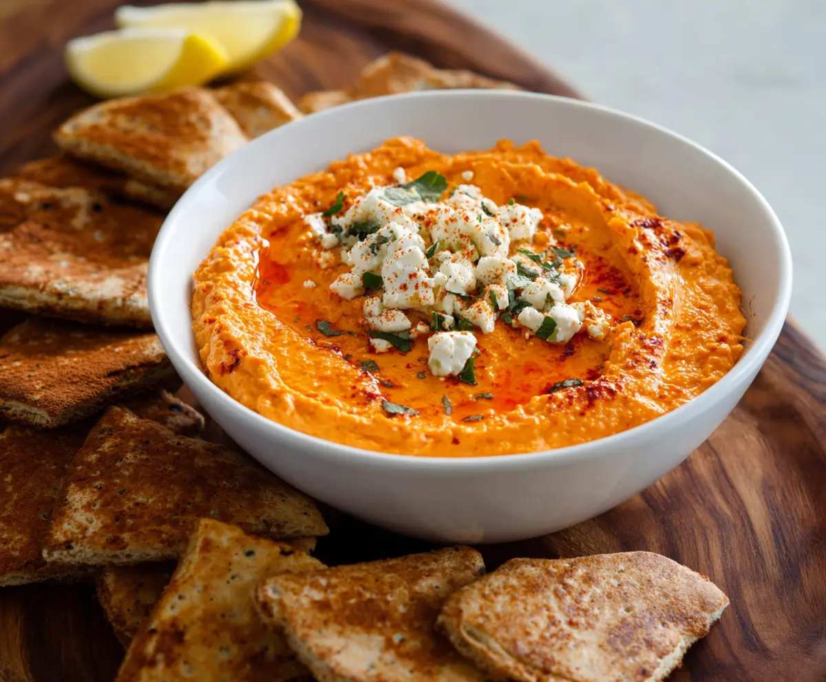 Creamy roasted red pepper and feta dip served with fresh pita bread.