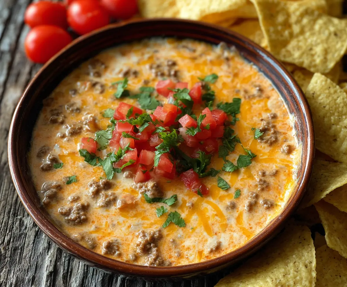 Creamy Rotel dip with seasoned ground beef served with tortilla chips