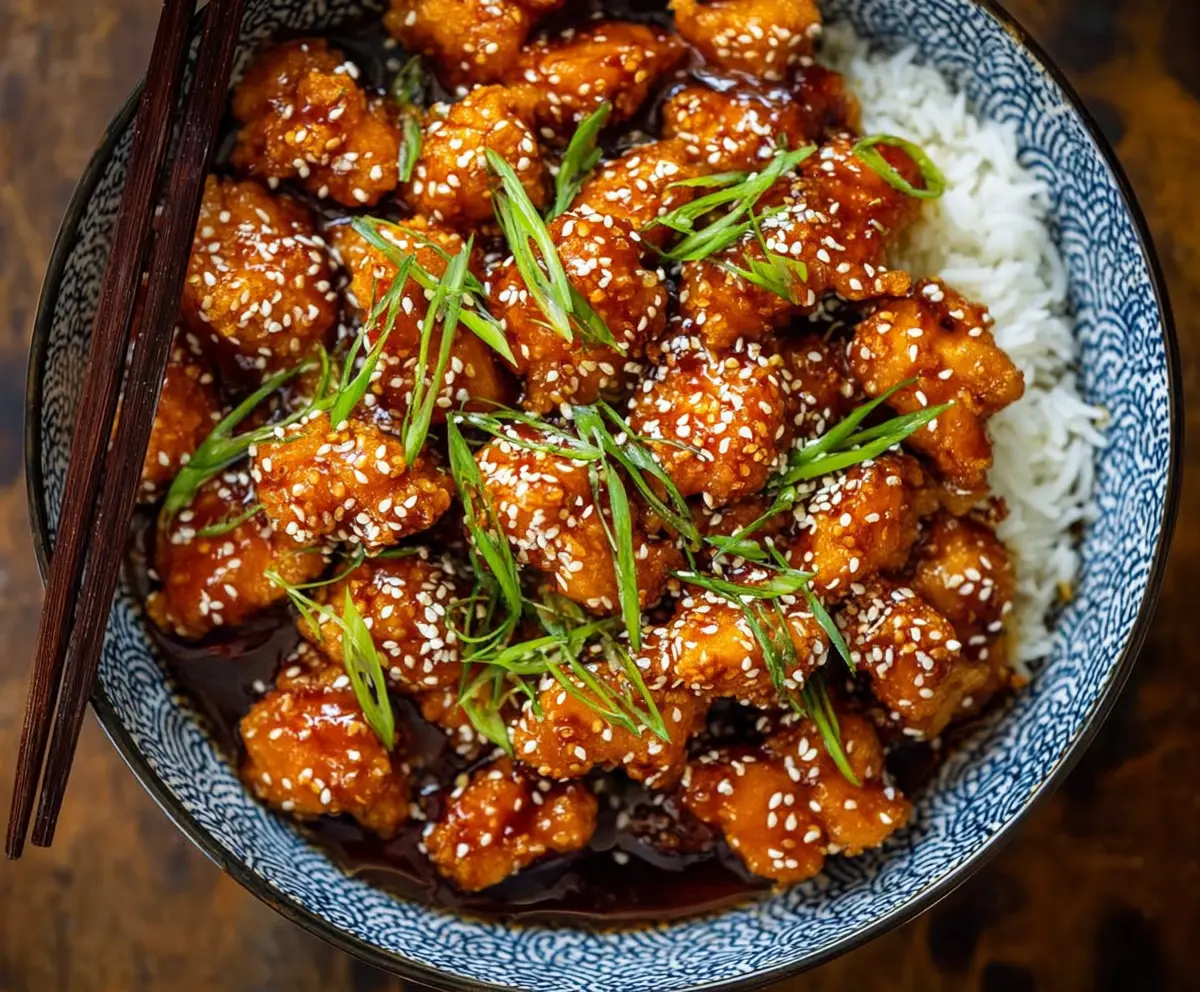 Delicious sesame chicken with crispy coating and sesame seeds served on a platter.