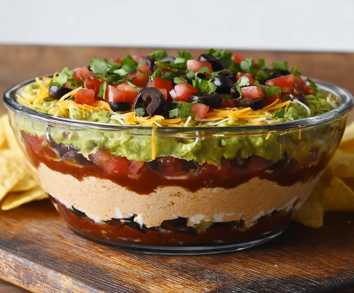 Colorful seven-layer dip with beans, guacamole, sour cream, cheese, tomatoes, olives, and green onions in a white serving bowl.