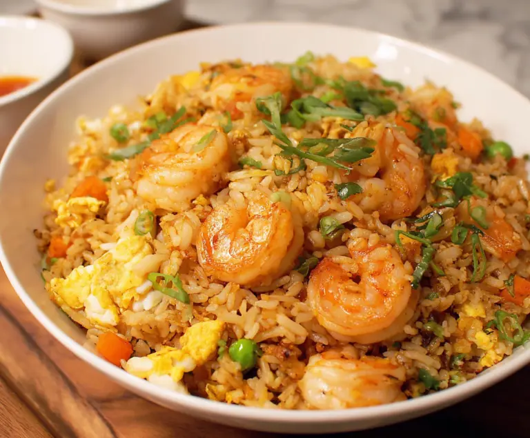 Delicious shrimp fried rice with fresh vegetables and aromatic spices on a serving plate
