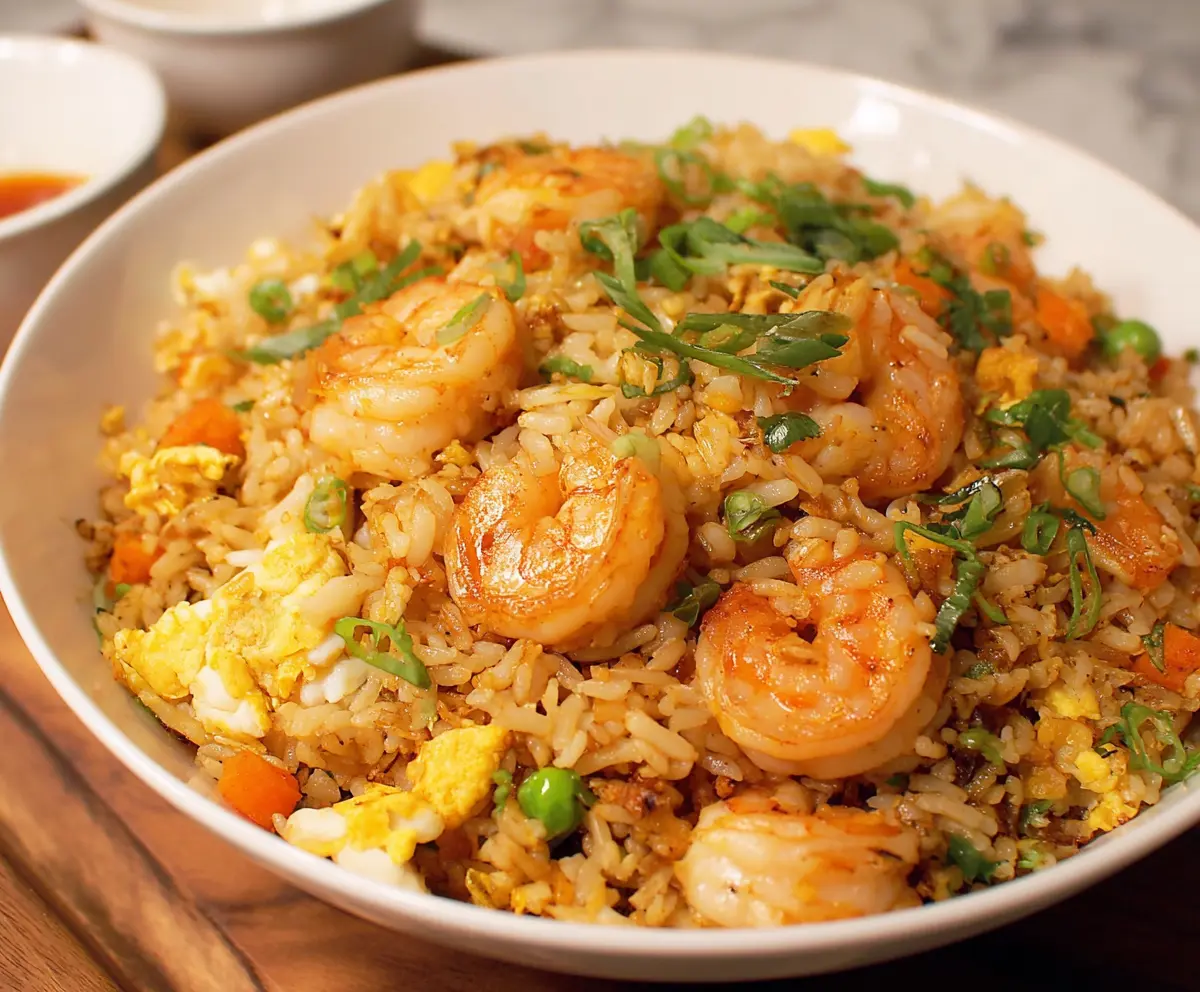 Delicious shrimp fried rice with fresh vegetables and aromatic spices on a serving plate
