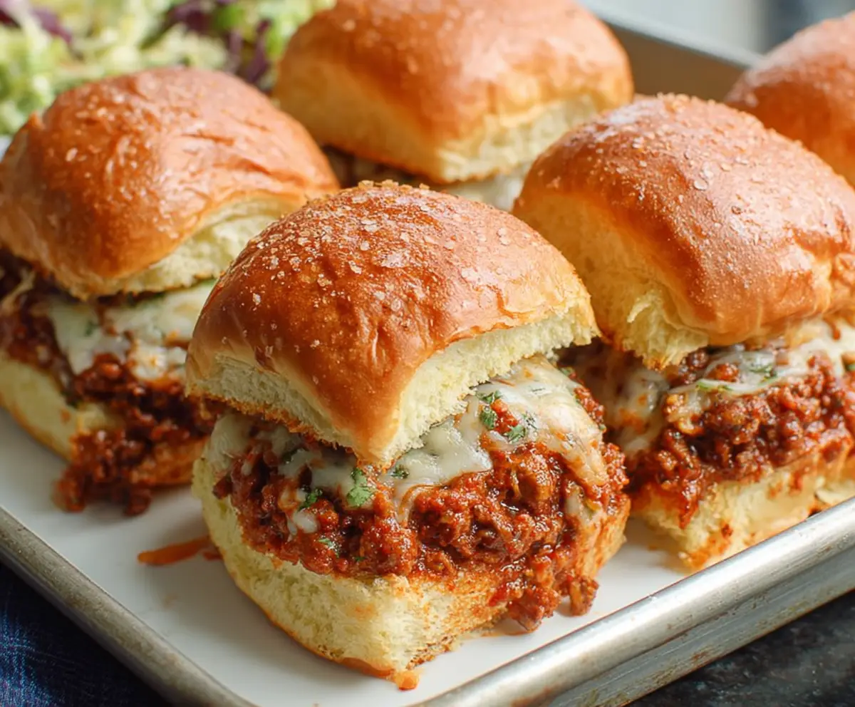 Delicious Sloppy Joe Sliders on a platter with fresh buns and savory beef filling