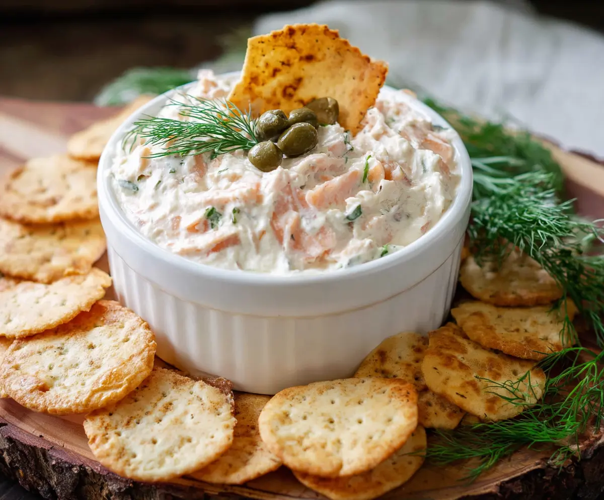 Delicious smoked salmon dip garnished with herbs served in a bowl for appetizer