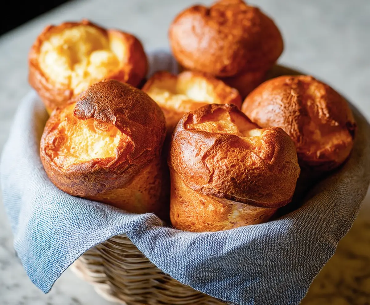 Golden-brown sourdough popovers fresh out of the oven, showing their airy, fluffy texture.