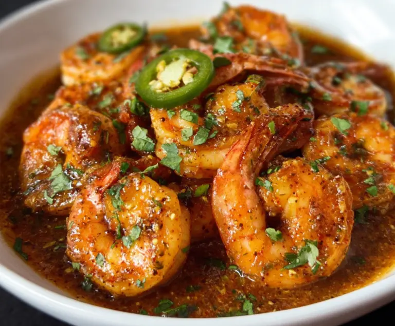 Delicious Spicy Voodoo Shrimp appetizer garnished with fresh herbs on a rustic plate.