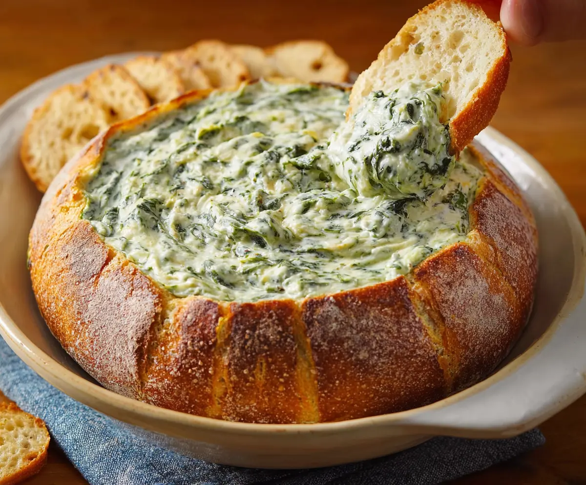Creamy spinach dip served with fresh bread and vegetable sticks, perfect for snacking and parties.