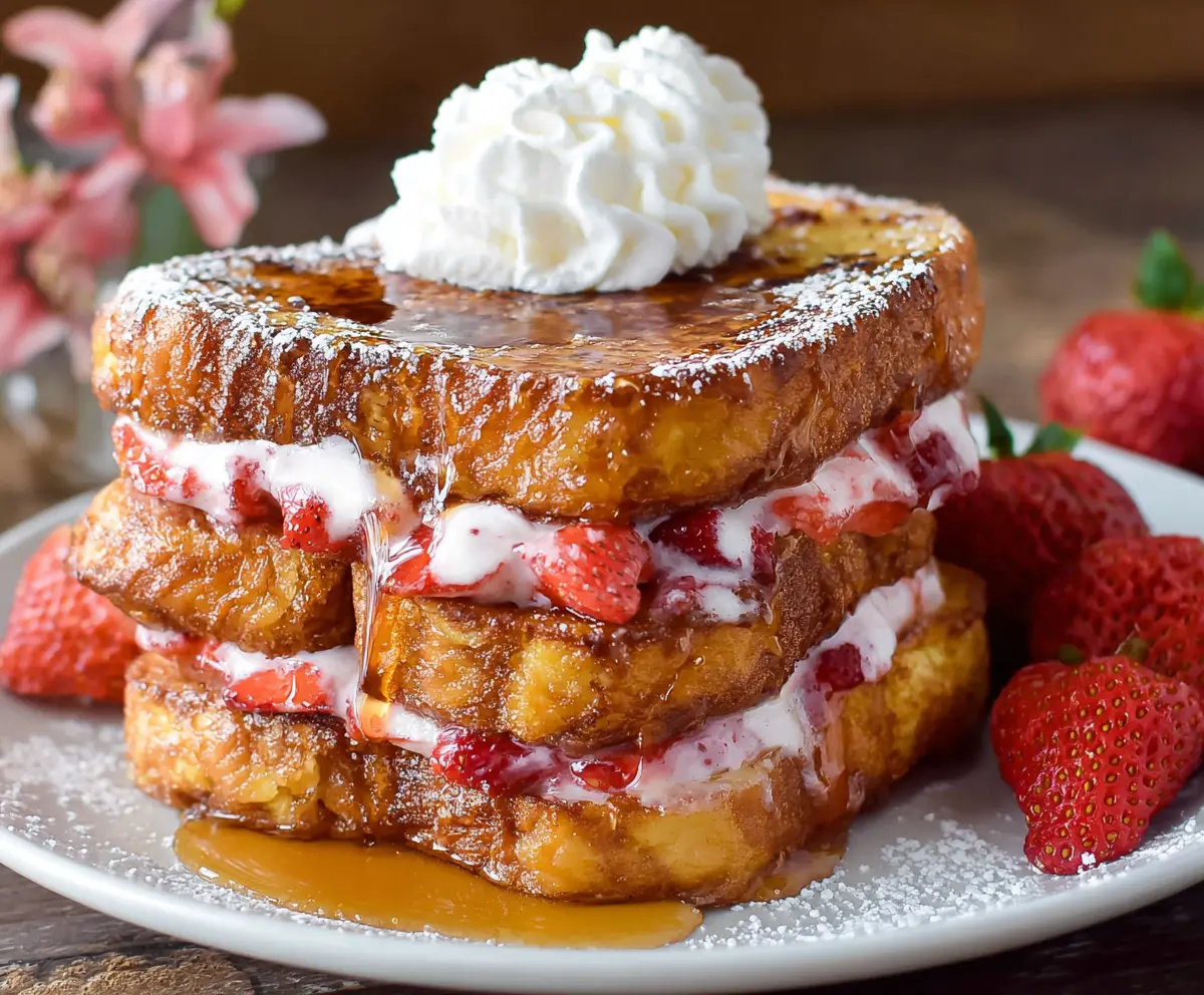 Delicious strawberries and cream French toast topped with fresh strawberries and whipped cream.