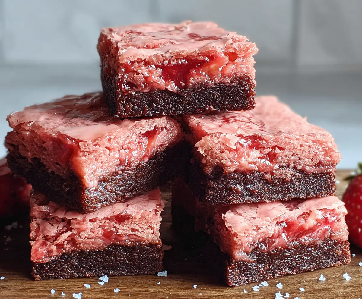Delicious strawberry brownies with a rich chocolate and fresh strawberry topping on a white plate.