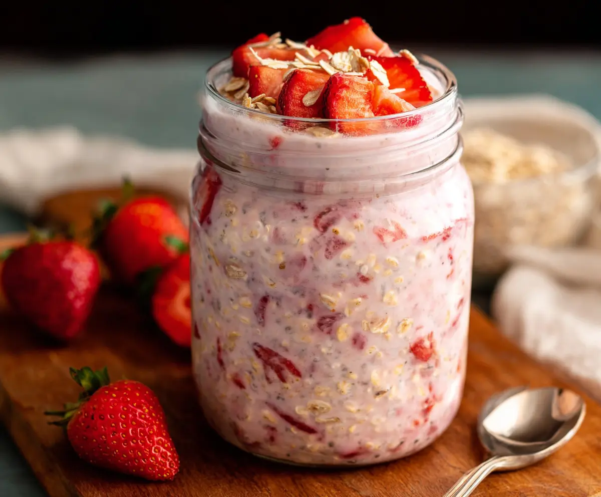 Healthy strawberry overnight oats in a glass jar topped with fresh strawberries and chia seeds.