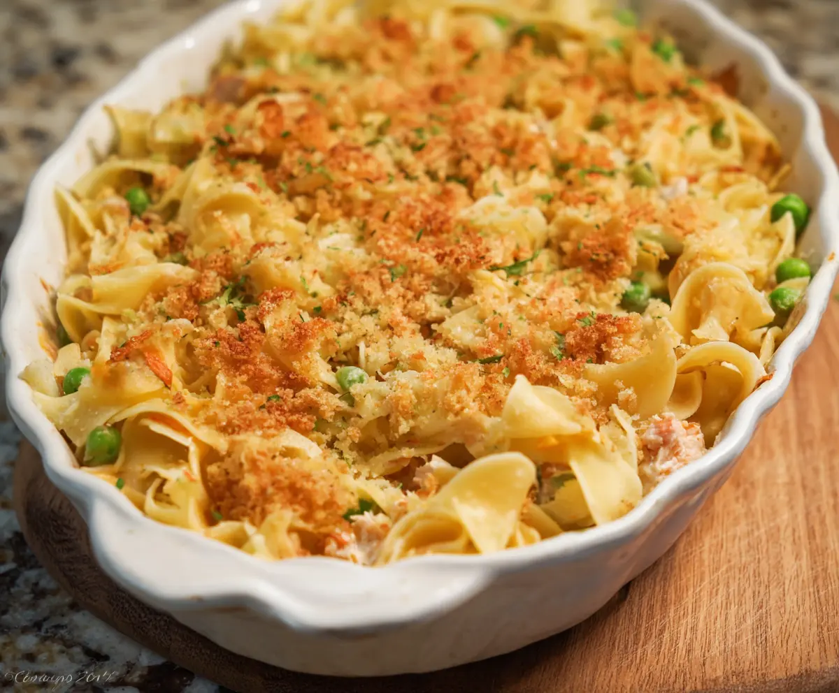 Delicious tuna noodle casserole with creamy sauce and golden baked topping