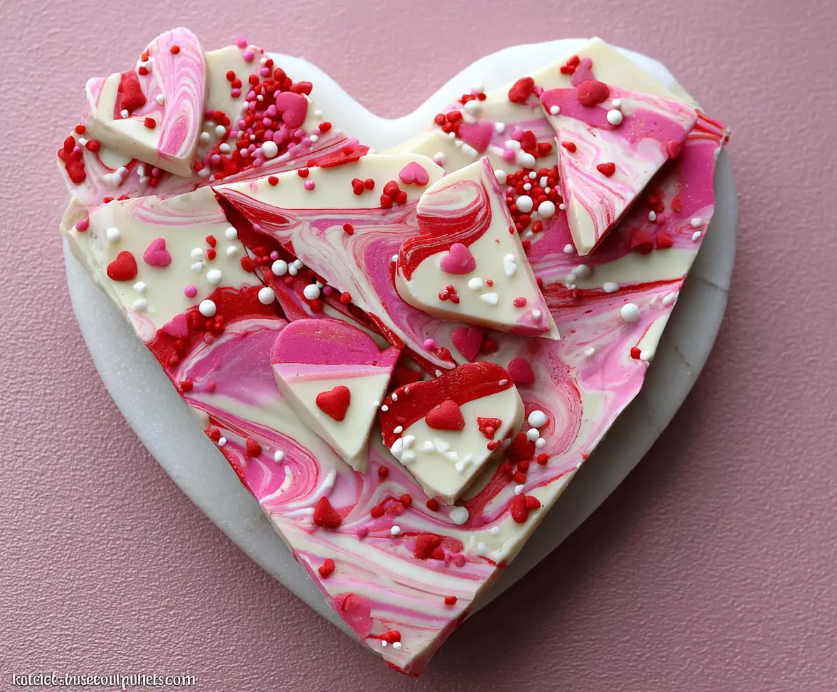 Hearts and chocolates Valentine's Bark with red, pink, and white candies for a romantic treat.