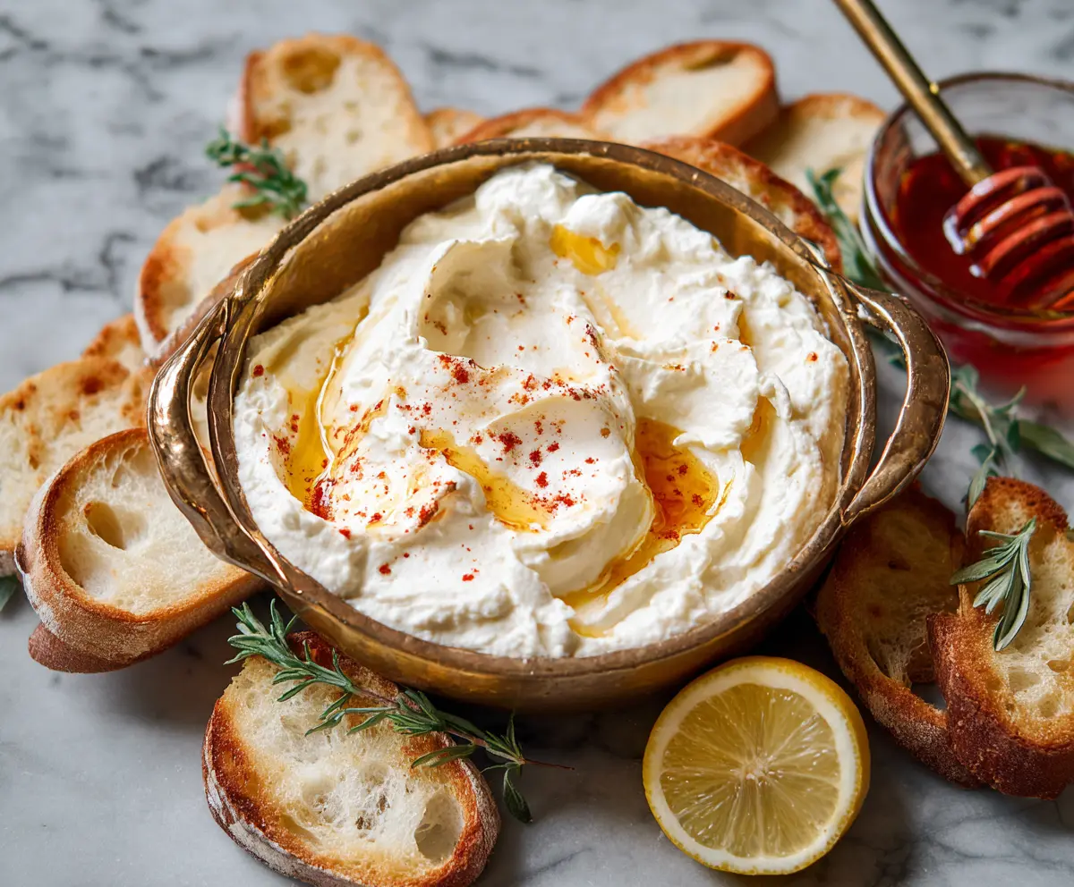 Creamy whipped ricotta dip drizzled with honey, perfect for appetizers or snacks.