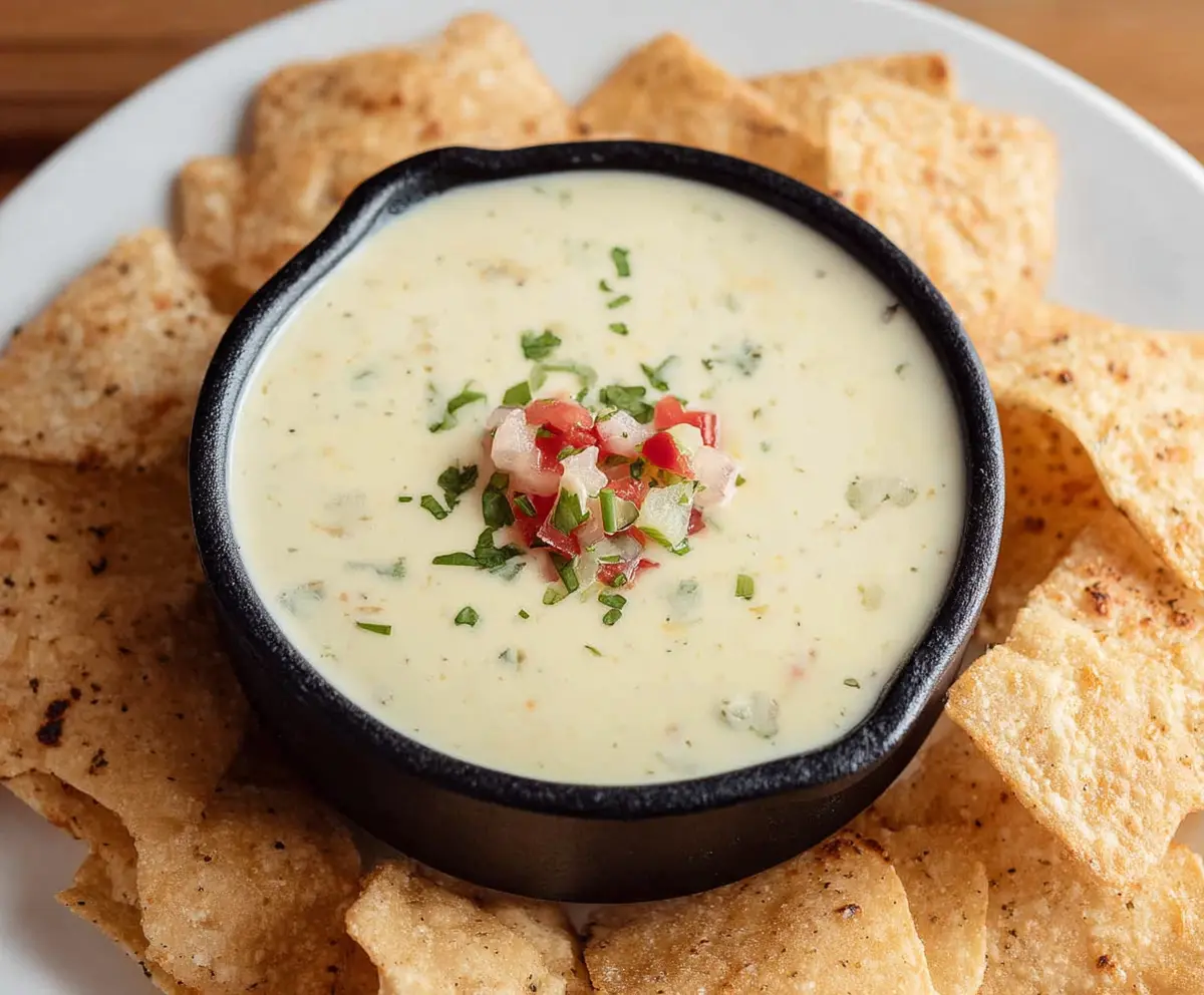Creamy white queso dip in a bowls served with tortilla chips for a delicious appetizer.