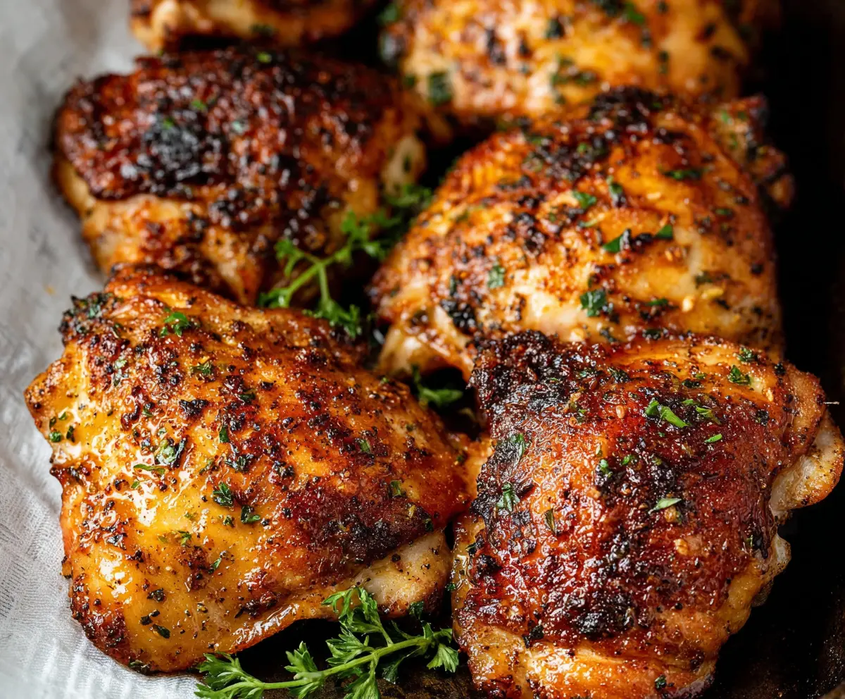 Juicy and crispy air fryer chicken thighs plated with herbs and vegetables