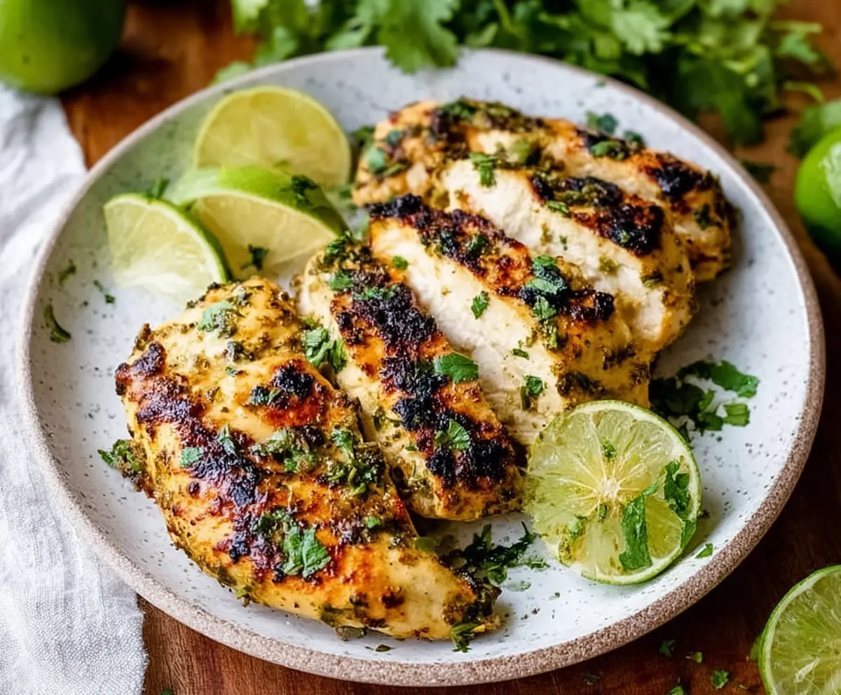 Juicy Air Fryer Cilantro Lime Chicken Breast garnished with fresh cilantro and lime wedges, served on a white plate.