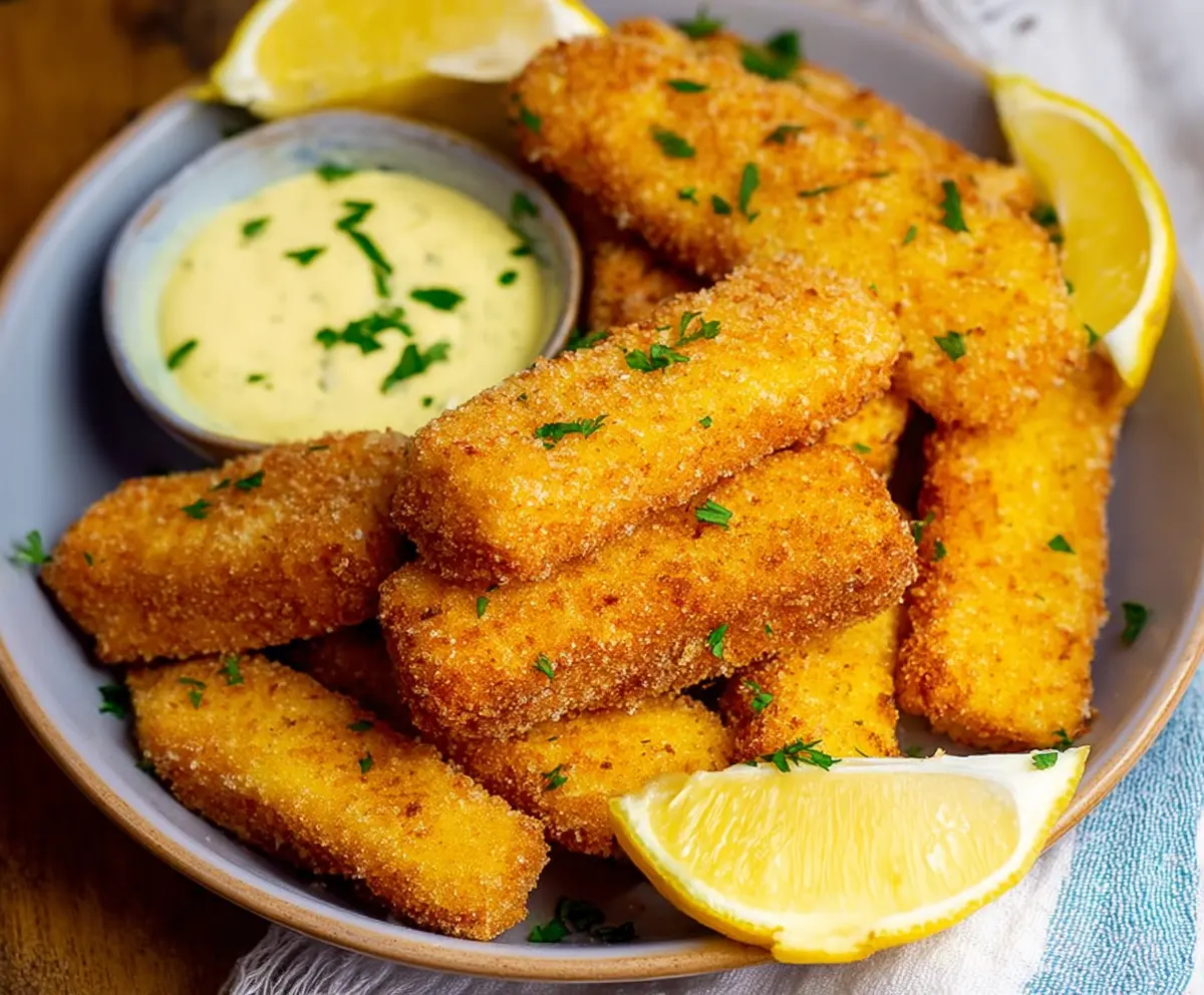 Crispy homemade Air Fryer Fish Sticks served with lemon wedges and fresh herbs.