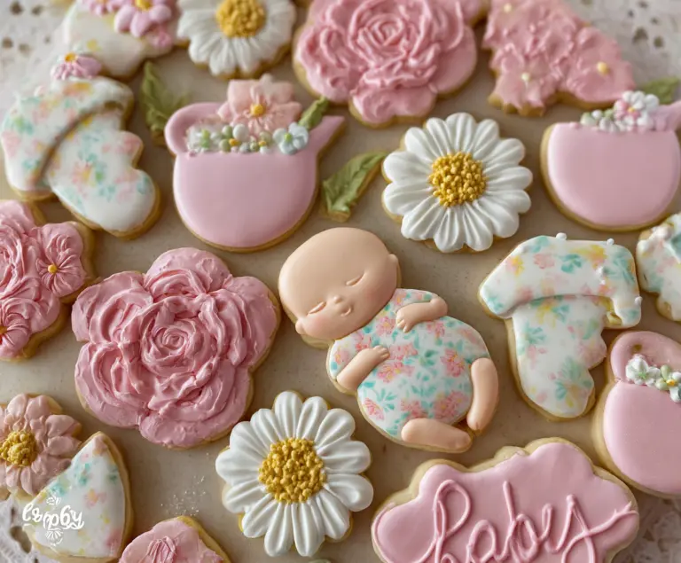 Cute baby-shaped cookies decorated with colorful floral icing, perfect for spring celebrations.