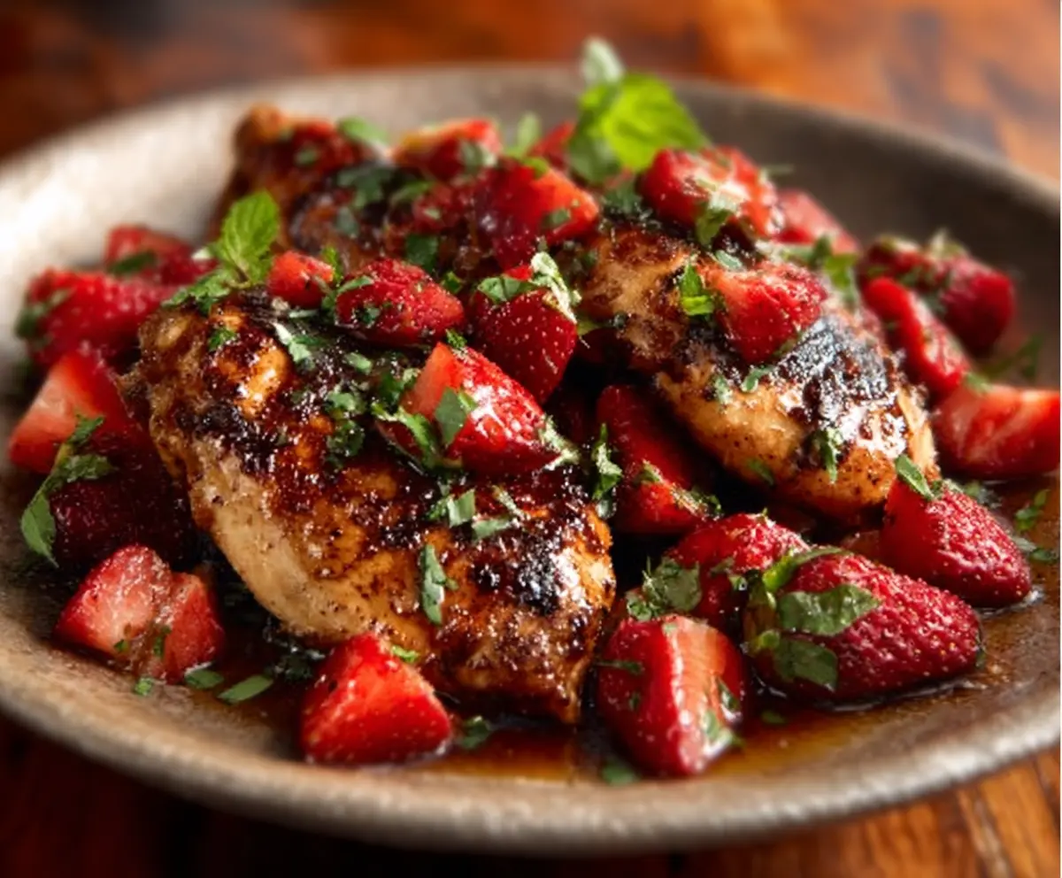 Delicious balsamic glazed chicken served with fresh strawberries on a white plate.