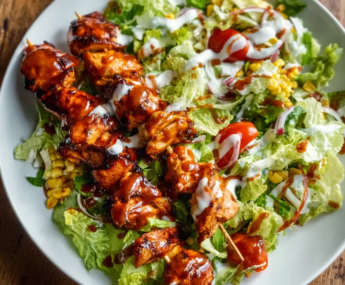 Delicious BBQ chicken skewer salad with fresh greens and colorful vegetables.