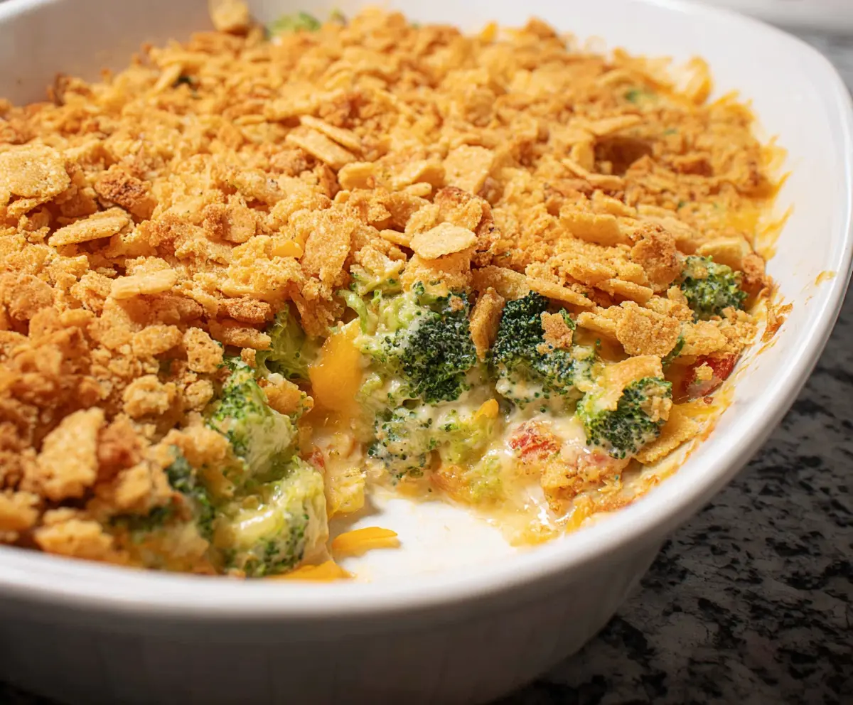 Delicious broccoli casserole topped with crunchy Ritz crackers, perfect for a comforting meal.