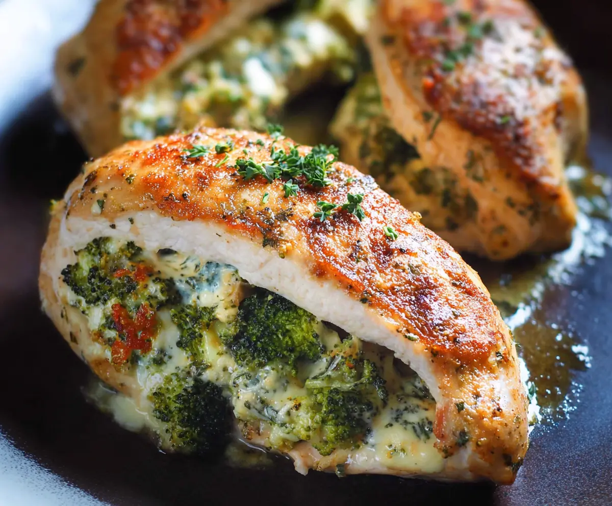 Delicious broccoli stuffed chicken breast garnished with herbs on a white plate.