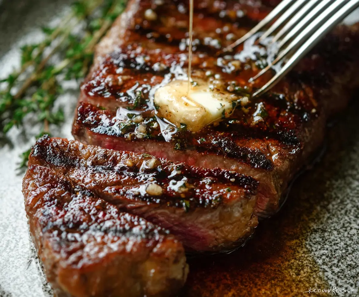 Juicy brown butter–basted steak cooked to perfection on a sizzling grill.