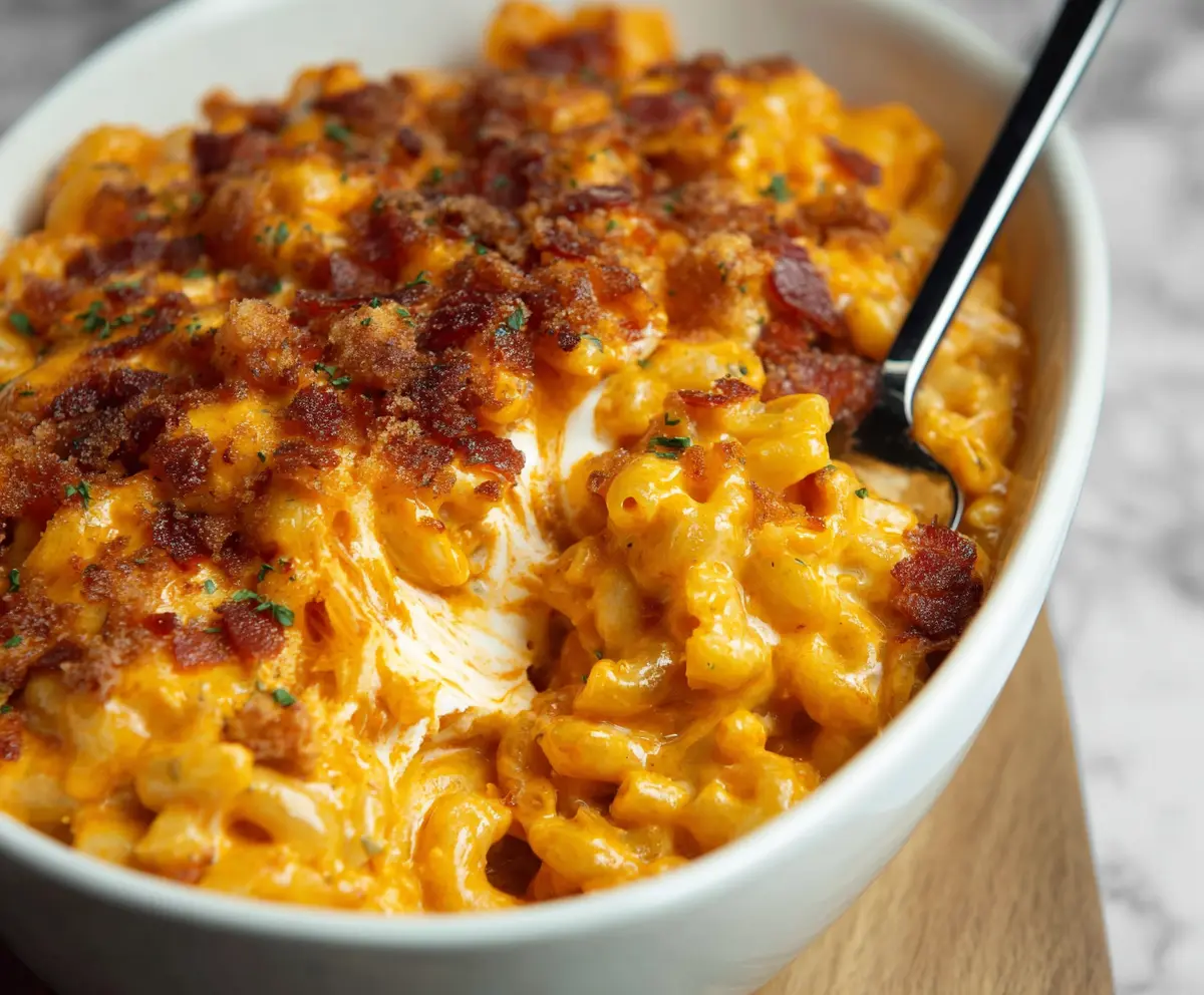 Creamy buffalo mac and cheese topped with spicy buffalo sauce and melted cheese.